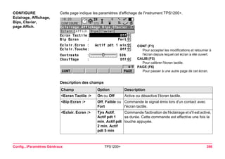 Config...Paramètres Généraux TPS1200+ 396 
CONFIGURE 
Eclairage, Affichage, Bips, Clavier, 
page Affich. 
Cette page indique les paramètres d'affichage de l'instrument TPS1200+. 
CONT (F1) 
Pour accepter les modifications et retourner à l'écran depuis lequel cet écran a été ouvert. 
CALIB (F5) 
Pour calibrer l'écran tactile. 
PAGE (F6) 
Pour passer à une autre page de cet écran. 
Description des champsChamp 
Option 
Description 
<Ecran Tactile :> 
On ou Off 
Active ou désactive l'écran tactile. 
<Bip Ecran :> 
Off, Faible ou Fort 
Commande le signal émis lors d'un contact avec l'écran tactile. 
<Eclair. Ecran :> 
Tjrs Actif, Actif pdt 1 min, Actif pdt 2 min, Actif pdt 5 min 
Commande l'activation de l'éclairage et s'il est activé, sa durée. Cette commande est effective une fois la touche appuyée.  