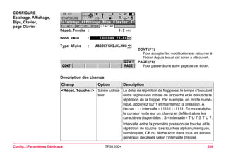 Config...Paramètres Généraux TPS1200+ 399 
CONFIGURE 
Eclairage, Affichage, Bips, Clavier, 
page Clavier 
CONT (F1) 
Pour accepter les modifications et retourner à l'écran depuis lequel cet écran a été ouvert. 
PAGE (F6) 
Pour passer à une autre page de cet écran. 
Description des champsChamp 
Option 
Description 
<Répet. Touche :> 
Saisie utilisateur 
Le délai de répétition de frappe est le temps s'écoulant entre la pression initiale de la touche et le début de la répétition de la frappe. Par exemple, en mode numérique, appuyez sur 1 et maintenez la pression. A l'écran : 1 - intervalle - 11111111111. En mode alpha, le curseur reste sur un champ et défilent alors les caractères disponibles : S - intervalle - T U 7 S T U 7. 
Intervalle entre la première pression de touche et la répétition de touche. Les touches alphanumériques, numériques, CE ou flèche sont dans tous les écrans généraux décalées selon l'intervalle précisé.  