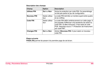 Config...Paramètres Généraux TPS1200+ 406 
Description des champsChamp 
Option 
Description 
Utilisez PIN 
Oui ou Non 
Active la protection par code PIN. Ce paramétrage ne fait pas partie du jeu de configuration. 
Nouveau PIN 
Saisie utilisateur 
Le code PIN doit être un nombre ayant entre quatre et six chiffres. 
Code PIN 
Saisie utilisateur 
Le code PIN défini antérieurement sur cette page. Il est possible d'effectuer cinq tentatives de saisie du code PIN. Si elles échouent, il faut saisir le code PUK. Reportez-vous à "1 Protection de l'instrument par code PIN". 
Changez PIN 
Oui ou Non 
Active <Nouveau PIN :> pour saisir un nouveau code PIN. 
Etape suivante 
PAGE (F6) permet de passer à la première page de cet écran.  