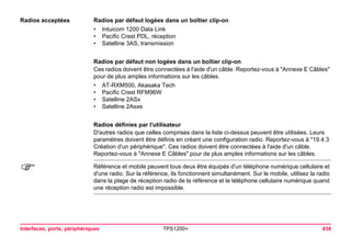 Interfaces, ports, périphériques TPS1200+ 434 
Radios acceptées 
Radios par défaut logées dans un boîtier clip-on 
•Intuicom 1200 Data Link 
•Pacific Crest PDL, réception 
•Satelline 3AS, transmission 
Radios par défaut non logées dans un boîtier clip-on 
Ces radios doivent être connectées à l'aide d'un câble. Reportez-vous à "Annexe E Câbles" pour de plus amples informations sur les câbles. 
•AT-RXM500, Akasaka Tech 
•Pacific Crest RFM96W 
•Satelline 2ASx 
•Satelline 2Asxe 
Radios définies par l'utilisateur 
D'autres radios que celles comprises dans la liste ci-dessus peuvent être utilisées. Leurs paramètres doivent être définis en créant une configuration radio. Reportez-vous à "19.4.3 Création d'un périphérique". Ces radios doivent être connectées à l'aide d'un câble. Reportez-vous à "Annexe E Câbles" pour de plus amples informations sur les câbles. 
) 
Référence et mobile peuvent tous deux être équipés d'un téléphone numérique cellulaire et d'une radio. Sur la référence, ils fonctionnent simultanément. Sur le mobile, utilisez la radio dans la plage de réception radio de la référence et le téléphone cellulaire numérique quand une réception radio est impossible.  