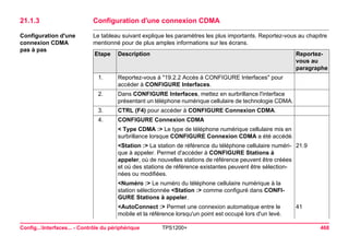Config...Interfaces... - Contrôle du périphérique TPS1200+ 468 
21.1.3Configuration d'une connexion CDMA 
Configuration d'une connexion CDMA 
pas à pas 
Le tableau suivant explique les paramètres les plus importants. Reportez-vous au chapitre mentionné pour de plus amples informations sur les écrans. Etape 
Description 
Reportez- vous au paragraphe 
1. 
Reportez-vous à "19.2.2 Accès à CONFIGURE Interfaces" pour accéder à CONFIGURE Interfaces. 
2. 
Dans CONFIGURE Interfaces, mettez en surbrillance l'interface présentant un téléphone numérique cellulaire de technologie CDMA. 
3. 
CTRL (F4) pour accéder à CONFIGURE Connexion CDMA. 
4. 
CONFIGURE Connexion CDMA 
< Type CDMA :> Le type de téléphone numérique cellulaire mis en surbrillance lorsque CONFIGURE Connexion CDMA a été accédé. 
<Station :> La station de référence du téléphone cellulaire numérique à appeler. Permet d'accéder à CONFIGURE Stations à appeler, où de nouvelles stations de référence peuvent être créées et où des stations de référence existantes peuvent être sélectionnées ou modifiées. 
21.9 
<Numéro :> Le numéro du téléphone cellulaire numérique à la station sélectionnée <Station :> comme configuré dans CONFIGURE Stations à appeler. 
<AutoConnect :> Permet une connexion automatique entre le mobile et la référence lorsqu'un point est occupé lors d'un levé. 
41  
