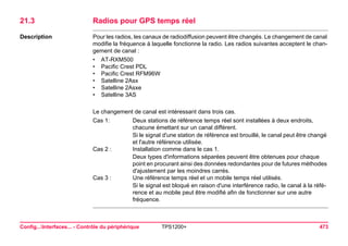 Config...Interfaces... - Contrôle du périphérique TPS1200+ 473 
21.3Radios pour GPS temps réel 
Description 
Pour les radios, les canaux de radiodiffusion peuvent être changés. Le changement de canal modifie la fréquence à laquelle fonctionne la radio. Les radios suivantes acceptent le changement de canal : 
•AT-RXM500 
•Pacific Crest PDL 
•Pacific Crest RFM96W 
•Satelline 2Asx 
•Satelline 2Asxe 
•Satelline 3AS 
Le changement de canal est intéressant dans trois cas. 
Cas 1: 
Deux stations de référence temps réel sont installées à deux endroits, chacune émettant sur un canal différent. 
Si le signal d'une station de référence est brouillé, le canal peut être changé et l'autre référence utilisée. 
Cas 2 : 
Installation comme dans le cas 1. 
Deux types d'informations séparées peuvent être obtenues pour chaque point en procurant ainsi des données redondantes pour de futures méthodes d'ajustement par les moindres carrés. 
Cas 3 : 
Une référence temps réel et un mobile temps réel utilisés. 
Si le signal est bloqué en raison d'une interférence radio, le canal à la référence et au mobile peut être modifié afin de fonctionner sur une autre fréquence.  