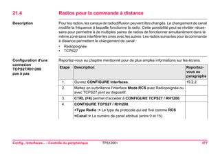 Config...Interfaces... - Contrôle du périphérique TPS1200+ 477 
21.4Radios pour la commande à distance 
Description 
Pour les radios, les canaux de radiodiffusion peuvent être changés. Le changement de canal modifie la fréquence à laquelle fonctionne la radio. Cette possibilité peut se révéler nécessaire pour permettre à de multiples paires de radios de fonctionner simultanément dans la même zone sans interférer les unes avec les autres. Les radios suivantes pour la commande à distance permettent le changement de canal : 
•Radiopoignée 
•TCPS27 
Configuration d'une connexion TCPS27/RH1200 
pas à pas 
Reportez-vous au chapitre mentionné pour de plus amples informations sur les écrans. Etape 
Description 
Reportez- vous au paragraphe 
1. 
Ouvrez CONFIGURE Interfaces. 
19.2.2 
2. 
Mettez en surbrillance l'interface Mode RCS avec Radiopoignée ou avec TCPS27 joint au dispositif. 
3. 
CTRL (F4) permet d'accéder à CONFIGURE TCPS27 / RH1200. 
4. 
CONFIGURE TCPS27 / RH1200. 
<Type Radio :> Le type de protocole qui est fixé comme RCS 
<Canal :> Le numéro de canal attribué (entre 0 et 15).  