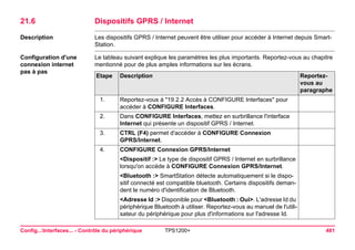 Config...Interfaces... - Contrôle du périphérique TPS1200+ 481 
21.6Dispositifs GPRS / Internet 
Description 
Les dispositifs GPRS / Internet peuvent être utiliser pour accéder à Internet depuis SmartStation. 
Configuration d'une connexion internet 
pas à pas 
Le tableau suivant explique les paramètres les plus importants. Reportez-vous au chapitre mentionné pour de plus amples informations sur les écrans. Etape 
Description 
Reportez- vous au paragraphe 
1. 
Reportez-vous à "19.2.2 Accès à CONFIGURE Interfaces" pour accéder à CONFIGURE Interfaces. 
2. 
Dans CONFIGURE Interfaces, mettez en surbrillance l'interface Internet qui présente un dispositif GPRS / Internet. 
3. 
CTRL (F4) permet d'accéder à CONFIGURE Connexion GPRS/Internet. 
4. 
CONFIGURE Connexion GPRS/Internet 
<Dispositif :> Le type de dispositif GPRS / Internet en surbrillance lorsqu'on accède à CONFIGURE Connexion GPRS/Internet. 
<Bluetooth :> SmartStation détecte automatiquement si le dispositif connecté est compatible bluetooth. Certains dispositifs demandent le numéro d'identification de Bluetooth. 
<Adresse Id :> Disponible pour <Bluetooth : Oui>. L'adresse Id du périphérique Bluetooth à utiliser. Reportez-vous au manuel de l'utilisateur du périphérique pour plus d'informations sur l'adresse Id.  
