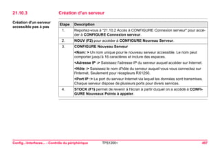 Config...Interfaces... - Contrôle du périphérique TPS1200+ 497 
21.10.3Création d'un serveur 
Création d'un serveur accessible pas à pasEtape 
Description 
1. 
Reportez-vous à "21.10.2 Accès à CONFIGURE Connexion serveur" pour accéder à CONFIGURE Connexion serveur. 
2. 
NOUV (F2) pour accéder à CONFIGURE Nouveau Serveur. 
3. 
CONFIGURE Nouveau Serveur 
<Nom: > Un nom unique pour le nouveau serveur accessible. Le nom peut comporter jusqu'à 16 caractères et inclure des espaces. 
<Adresse IP :> Saisissez l'adresse IP du serveur auquel accéder sur Internet. 
<Hôte :> Saisissez le nom d'hôte du serveur auquel vous vous connectez sur l'Internet. Seulement pour récepteurs RX1250. 
<Port IP :> Le port du serveur Internet via lequel les données sont transmises. Chaque serveur dispose de plusieurs ports pour divers services. 
4. 
STOCK (F1) permet de revenir à l'écran à partir duquel on a accédé à CONFIGURE Nouveaux Points à appeler.  