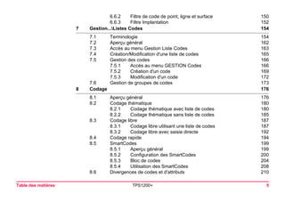 Table des matières TPS1200+ 5 
6.6.2 Filtre de code de point, ligne et surface 150 
6.6.3 Filtre Implantation 152 
7Gestion...Listes Codes154 
7.1 Terminologie 154 
7.2 Aperçu général 162 
7.3 Accès au menu Gestion Liste Codes 163 
7.4 Création/Modification d'une liste de codes 165 
7.5 Gestion des codes 166 
7.5.1 Accès au menu GESTION Codes 166 
7.5.2 Création d'un code 169 
7.5.3 Modification d'un code 172 
7.6 Gestion de groupes de codes 173 
8Codage176 
8.1 Aperçu général 176 
8.2 Codage thématique 180 
8.2.1 Codage thématique avec liste de codes 180 
8.2.2 Codage thématique sans liste de codes 185 
8.3 Codage libre 187 
8.3.1 Codage libre utilisant une liste de codes 187 
8.3.2 Codage libre avec saisie directe 192 
8.4 Codage rapide 194 
8.5 SmartCodes 199 
8.5.1 Aperçu général 199 
8.5.2 Configuration des SmartCodes 200 
8.5.3 Bloc de codes 204 
8.5.4 Utilisation des SmartCodes 208 
8.6 Divergences de codes et d'attributs 210 
 
