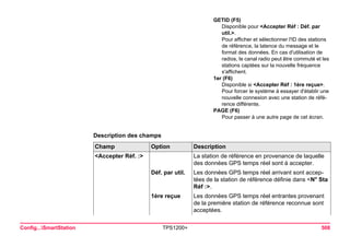 Config...SmartStation TPS1200+ 508 
Description des champs 
GETID (F5) 
Disponible pour <Accepter Réf : Déf. par util.>. 
Pour afficher et sélectionner l'ID des stations de référence, la latence du message et le format des données. En cas d'utilisation de radios, le canal radio peut être commuté et les stations captées sur la nouvelle fréquence s'affichent. 
1er (F6) 
Disponible si <Accepter Réf : 1ère reçue>. 
Pour forcer le système à essayer d'établir une nouvelle connexion avec une station de référence différente. 
PAGE (F6) 
Pour passer à une autre page de cet écran. Champ 
Option 
Description 
<Accepter Réf. :> 
La station de référence en provenance de laquelle des données GPS temps réel sont à accepter. 
Déf. par util. 
Les données GPS temps réel arrivant sont acceptées de la station de référence définie dans <N° Sta Réf :>. 
1ère reçue 
Les données GPS temps réel entrantes provenant de la première station de référence reconnue sont acceptées.  