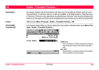 Outils...Transfert Fichiers... TPS1200+ 539 
24Outils...Transfert Fichiers... 
Description 
Le présent chapitre décrit la procédure de base pour le transfert de fichiers entre la carte CompactFlash, la mémoire interne, si elle est installée, et la RAM système. Reportez-vous à "Annexe C Structure des répertoires du périphérique mémoire" pour de plus amples informations sur les types de fichiers et les emplacements des fichiers sur la carte CompactFlash. 
Accès 
Sélectionnez Menu Principal : Outils...Transfert Fichiers...XX. 
UTILITAIRE 
Transfert XX 
Les champs disponibles sur l'écran dépendent des options sélectionnées dans Menu Principal : Outils...Transfert Fichiers.... 
CONT (F1) 
Pour transférer un fichier et retourner à l'écran depuis lequel l'accès à cet écran s'est effectué. 
ALL (F3) 
Disponible pour certaines options de transfert. Pour transférer tous les fichiers.  