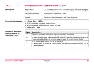 Paramètres - SHIFT USER TPS1200+ 54 
3.4.3Exemple de travail 3 - perte de signal (LOCK) 
Description 
Application : 
Les points étaient mesurés avec LOCK jusqu'à la perte du signal. 
Technique de travail : 
Programme d'application Lever. 
Objectif : 
Recherche de prisme après une perte du signal. 
Informations requises 
•<Mode Auto : LOCK> 
•L'instrument est verrouillé sur le prisme. 
•L'instrument est télécommandé par un RX1200. 
•<Prévision : 3 s> 
Recherche de prisme après une perte du signal pas à pasEtape 
Description 
1. 
Déplacez le prisme derrière un objet pour libérer l'instrument. 
2. 
Le trajet du prisme est prévu pendant 3 secondes. L'instrument se tourne avec la vitesse calculée et dans la direction du prisme perdu pendant cette durée. 
3. 
Si un prisme a été trouvé lors de la prévision, 
• l'instrument se verrouille sur un prisme et suit son mouvement. L'icône LOCK s'affiche alors.  