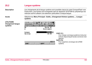 Outils...Chargement fichiers système... TPS1200+ 544 
25.2Langue système 
Description 
Les chargements de la langue système sont possibles depuis la carte CompactFlash vers l'instrument. Ces fichiers sont enregistrés dans le répertoire SYSTEM du périphérique de mémoire actif et utilisent une extension particulière à chaque langue. 
Accès 
Sélectionnez Menu Principal : Outils...Chargement fichiers système......Langue système. 
UTILITAIRE 
Chargement langue système 
CONT (F1) 
Pour charger une langue système et retourner à l'écran depuis lequel l'accès à cet écran s'est effectué. 
SUPP (F4) 
Pour supprimer une langue de la RAM système.  