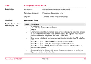 Paramètres - SHIFT USER TPS1200+ 56 
3.4.4Exemple de travail 4 - PS 
Description 
Application : 
Recherche de prisme avec PowerSearch. 
Technique de travail : 
Programme d'application Lever. 
Objectif : 
Trouver le prisme avec PowerSearch. 
Condition 
<Fenêtre PS : Off> 
Recherche de prisme avec PS pas à pasEtape 
Description 
1. 
PARAMETRE Changer paramètres : 
PS (F6). 
2. 
L'instrument recherche un prisme à l'aide de PowerSearch. La recherche consiste en une petite rotation dans le sens contraire à celui des aiguilles d'une montre suivie d'une rotation complète à 360° dans l'autre sens. 
3. 
Si un prisme est détecté, le mouvement s'arrête et une recherche ATR est effectuée. 
Pour <Mode Auto : AUCUN> l'ATR est éteint une nouvelle fois. 
Pour <Mode Auto : ATR> des mesures peuvent être effectuées. 
Pour <Mode Auto : LOCK> l'instrument se bloque sur le réflecteur et suit le mouvement du prisme. 
4. 
Si aucun prisme n'a été trouvé, la lunette d'instrument retourne en position de départ au moment de la recherche.  