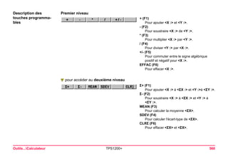 Outils...Calculateur TPS1200+ 560 
Description des touches programmables 
Premier niveau 
+ (F1) 
Pour ajouter <X :> et <Y :>. 
- (F2) 
Pour soustraire <X :> de <Y :>. 
* (F3) 
Pour multiplier <X :> par <Y :>. 
/ (F4) 
Pour diviser <Y :> par <X :>. 
+/- (F5) 
Pour commuter entre le signe algébrique positif et négatif pour <X :>. 
EFFAC (F6) 
Pour effacer <X :>. pour accéder au deuxième niveau 
Σ+ (F1) 
Pour ajouter <X :> à <ΣX :> et <Y :>à <ΣY :>. 
Σ- (F2) 
Pour soustraire <X :> à <ΣX :> et <Y :> à <ΣY :>. 
MEAN (F3) 
Pour calculer la moyenne <ΣX>. 
SDEV (F4) 
Pour calculer l'écart-type de <ΣX>. 
CLRΣ (F6) 
Pour effacer <ΣX> et <ΣX>.  