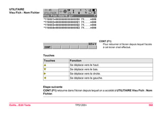 Outils...Edit Texte TPS1200+ 568 
UTILITAIRE 
Visu Fich : Nom Fichier 
CONT (F1) 
Pour retourner à l'écran depuis lequel l'accès à cet écran s'est effectué. 
TouchesTouches 
Fonction 
Se déplace vers le haut. 
Se déplace vers le bas. 
Se déplace vers la droite. 
Se déplace vers la gauche. 
Etape suivante 
CONT (F1) retourne dans l'écran depuis lequel on a accédé à UTILITAIRE Visu Fich : Nom Fichier.  