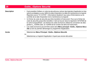 Outils...Options Sécurité TPS1200+ 569 
28Outils...Options Sécurité 
Description 
•Il est possible d'utiliser un code de sécurité pour activer des logiciels d'application et des options protégées ou pour définir la date d'expiration du délai de maintenance du logiciel. Reportez-vous à "31.4 ETAT : Informations Système" pour plus d'informations sur le contrôle de la date d'expiration de la maintenance du logiciel. 
•Un fichier de code de sécurité peut être transféré à l'instrument. Pour qu'un fichier de code de sécurité puisse être transféré, il doit se trouver dans le répertoire SYSTEM de la carte CompactFlash. Les fichiers de codes de licence utilisent la convention de désignation L_123456.code, où 123456 est le numéro de série de l'instrument. 
•Les codes de licence peuvent être saisis dans Menu principal : Outils...Options Sécurité ou lors du premier démarrage du programme d'application. 
Accès 
Sélectionnez Menu Principal : Outils...Options Sécurité. 
ou 
Sélectionnez un logiciel d'application n'ayant pas encore été activé.  