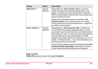 Outils...Contrôles & Ajustements TPS1200+ 587 
Etape suivante 
PAGE (F6) permet de revenir à la page Paramètre. 
<Nom Fich :> 
Liste de sélection 
Disponible pour <Fich Journal : Oui>. Le nom du fichier dans lequel les données devraient être consignées. Un fichier journal est stocké dans le répertoire DATA du périphérique mémoire actif. Les données sont toujours jointes au fichier. 
Ouvrir la liste de sélection permet d'accéder à XX Fichiers Journal, où l'on peut nommer un nouveau fichier journal et où l'on peut sélectionner ou supprimer un fichier journal existant. 
<Fich. Format :> 
Liste de sélection 
Disponible pour <Fich Journal : Oui>. Un fichier de format définit les données consignées dans un fichier journal ainsi que le mode d'écriture. Les fichiers format sont créés avec LGO. Un fichier de format doit d'abord être transféré de la carte CompactFlash à la RAM système avant d'être sélectionné. Reportez-vous à "24 Outils...Transfert Fichiers..." pour des informations sur le transfert de fichiers de formats. 
Ouvrir la liste de sélection permet d'accéder à l'écran XX Fichiers formats disponibles, dans lequel un fichier format existant peut être sélectionné ou supprimé. 
Champ Option Description 
 