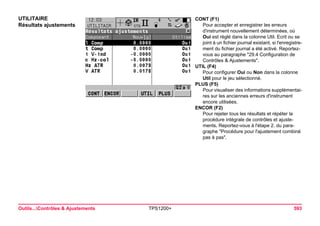 Outils...Contrôles & Ajustements TPS1200+ 593 
UTILITAIRE 
Résultats ajustements 
CONT (F1) 
Pour accepter et enregistrer les erreurs d'instrument nouvellement déterminées, où Oui est réglé dans la colonne Util. Ecrit ou se joint à un fichier journal existant, si l'enregistrement du fichier journal a été activé. Reportez- vous au paragraphe "29.4 Configuration de Contrôles & Ajustements". 
UTIL (F4) 
Pour configurer Oui ou Non dans la colonne Util pour le jeu sélectionné. 
PLUS (F5) 
Pour visualiser des informations supplémentaires sur les anciennes erreurs d'instrument encore utilisées. 
ENCOR (F2) 
Pour rejeter tous les résultats et répéter la procédure intégrale de contrôles et ajustements. Reportez-vous à l'étape 2. du paragraphe "Procédure pour l'ajustement combiné pas à pas".  