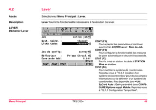 Menu Principal TPS1200+ 60 
4.2Lever 
Accès 
Sélectionnez Menu Principal : Lever. 
Description 
Lever fournit la fonctionnalité nécessaire à l'exécution du lever. 
LEVER 
Démarrer Lever 
CONT (F1) 
Pour accepter les paramètres et continuer avec l'écran LEVER Lever : Nom du Job. 
CONF (F2) 
Pour configurer la fonctionnalité des mesures de point automatique et de point inaccessible. 
STAT (F3) 
Pour la mise en station. Accède à STATION Mise en station. 
SYSC (F6) 
Pour modifier le système de coordonnées. Reportez-vous à "10.4.1 Création d'un système de coordonnées" pour de plus amples informations sur la définition d'un système de coordonnées. Pas disponible pour <Util SyCord Auto : Oui> paramétré dans CONFIGURE Options suppl. Mobile. Reportez-vous à "22.1.1 Configuration Temps Réel".  