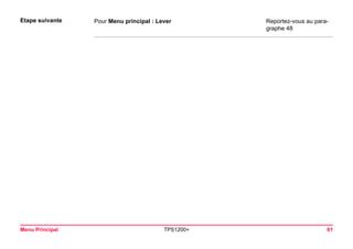 Menu Principal TPS1200+ 61 
Etape suivante 
Pour Menu principal : Lever 
Reportez-vous au paragraphe 48  