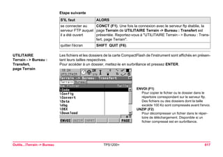 Outils...Terrain -> Bureau TPS1200+ 617 
Etape suivanteS'IL faut 
ALORS 
se connecter au serveur FTP auquel il a été ouvert 
CONCT (F1). Une fois la connexion avec le serveur ftp établie, la page Terrain de UTILITAIRE Terrain -> Bureau : Transfert est présentée. Reportez-vous à "UTILITAIRE Terrain - > Bureau : Transfert, page Terrain". 
quitter l'écran 
SHIFT QUIT (F6). 
UTILITAIRE 
Terrain - > Bureau : Transfert, 
page Terrain 
Les fichiers et les dossiers de la carte CompactFlash de l'instrument sont affichés en présentant leurs tailles respectives. 
Pour accéder à un dossier, mettez-le en surbrillance et pressez ENTER. 
ENVOI (F1) 
Pour copier le fichier ou le dossier dans le répertoire correspondant sur le serveur ftp. Des fichiers ou des dossiers dont la taille excède 100 Ko sont compressés avant l'envoi. 
UNZIP (F2) 
Pour décompresser un fichier dans le répertoire de téléchargement. Disponible si un fichier compressé est en surbrillance.  