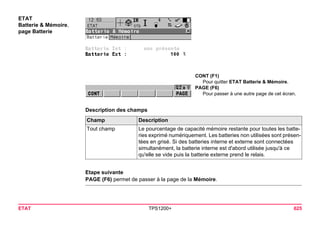 ETAT TPS1200+ 625 
ETAT 
Batterie & Mémoire, 
page Batterie 
CONT (F1) 
Pour quitter ETAT Batterie & Mémoire. 
PAGE (F6) 
Pour passer à une autre page de cet écran. 
Description des champsChamp 
Description 
Tout champ 
Le pourcentage de capacité mémoire restante pour toutes les batteries exprimé numériquement. Les batteries non utilisées sont présentées en grisé. Si des batteries interne et externe sont connectées simultanément, la batterie interne est d'abord utilisée jusqu'à ce qu'elle se vide puis la batterie externe prend le relais. 
Etape suivante 
PAGE (F6) permet de passer à la page de la Mémoire.  