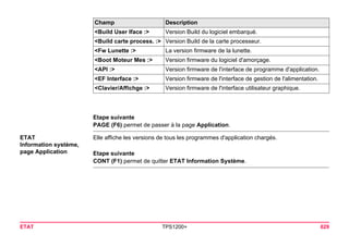 ETAT TPS1200+ 629 
Etape suivante 
PAGE (F6) permet de passer à la page Application. 
ETAT 
Information système, 
page Application 
Elle affiche les versions de tous les programmes d'application chargés. 
Etape suivante 
CONT (F1) permet de quitter ETAT Information Système. 
<Build User Iface :> 
Version Build du logiciel embarqué. 
<Build carte process. :> 
Version Build de la carte processeur. 
<Fw Lunette :> 
La version firmware de la lunette. 
<Boot Moteur Mes :> 
Version firmware du logiciel d'amorçage. 
<API :> 
Version firmware de l'interface de programme d'application. 
<EF Interface :> 
Version firmware de l'interface de gestion de l'alimentation. 
<Clavier/Affichge :> 
Version firmware de l'interface utilisateur graphique. 
Champ Description 
 