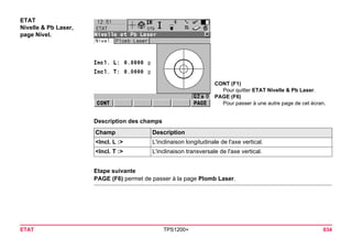 ETAT TPS1200+ 634 
ETAT 
Nivelle & Pb Laser, 
page Nivel. 
CONT (F1) 
Pour quitter ETAT Nivelle & Pb Laser. 
PAGE (F6) 
Pour passer à une autre page de cet écran. 
Description des champsChamp 
Description 
<Incl. L :> 
L'inclinaison longitudinale de l'axe vertical. 
<Incl. T :> 
L'inclinaison transversale de l'axe vertical. 
Etape suivante 
PAGE (F6) permet de passer à la page Plomb Laser.  