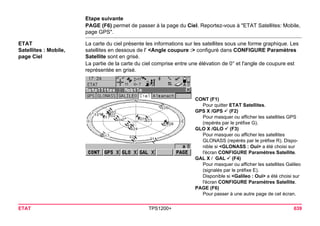ETAT TPS1200+ 639 
Etape suivante 
PAGE (F6) permet de passer à la page du Ciel. Reportez-vous à "ETAT Satellites: Mobile, page GPS". 
ETAT 
Satellites : Mobile, 
page Ciel 
La carte du ciel présente les informations sur les satellites sous une forme graphique. Les satellites en dessous de l' <Angle coupure :> configuré dans CONFIGURE Paramètres Satellite sont en grisé. 
La partie de la carte du ciel comprise entre une élévation de 0° et l'angle de coupure est représentée en grisé. 
CONT (F1) 
Pour quitter ETAT Satellites. 
GPS X /GPS 9 (F2) 
Pour masquer ou afficher les satellites GPS (repérés par le préfixe G). 
GLO X /GLO 9 (F3) 
Pour masquer ou afficher les satellites GLONASS (repérés par le préfixe R). Disponible si <GLONASS : Oui> a été choisi sur l'écran CONFIGURE Paramètres Satellite. 
GAL X / GAL 9 (F4) 
Pour masquer ou afficher les satellites Galileo (signalés par le préfixe E). 
Disponible si <Galileo : Oui> a été choisi sur l'écran CONFIGURE Paramètres Satellite. 
PAGE (F6) 
Pour passer à une autre page de cet écran.  