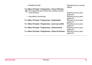 Menu Principal TPS1200+ 64 
•RoadRunner Rail 
Reportez-vous au manuel séparé 
Pour Menu Principal : Programmes...Tours d'Horizon 
)Ce programme peut contenir les modules suivants : 
•Tours d'horizon 
Reportez-vous au paragraphe 45 
•Auscultation (monitoring) 
Reportez-vous au paragraphe 45 
Pour Menu Principal : Programmes...Implantation 
Reportez-vous au paragraphe 47 
Pour Menu Principal : Programmes...Lever par profils 
Reportez-vous au paragraphe 51 
Pour Menu Principal : Programmes...Cheminement 
Reportez-vous au paragraphe 52 
Pour Menu Principal : Programmes...Calcul de Volume 
Reportez-vous au paragraphe 53  