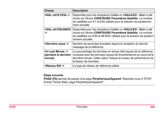 ETAT TPS1200+ 644 
Etape suivante 
PAGE (F6) permet de passer à la page Périphérique/Appareil. Reportez-vous à "ETAT Entrée Temps Réel, page Périphérique/Appareil". 
<GAL util E1/E5a :> 
Disponible pour les récepteurs Galileo si <GALILEO : Oui> a été choisi sur l'écran CONFIGURE Paramètres Satellite. Le nombre de satellites sur E1 et E5a utilisés pour la solution de positionnement actuelle. 
<GAL util E5b/ABOC :> 
Disponible pour les récepteurs Galileo si <GALILEO : Oui> a été choisi sur l'écran CONFIGURE Paramètres Satellite. Le nombre de satellites sur E5b et Alt BOC utilisés pour la solution de positionnement actuelle. 
<Dernière reçue :> 
Nombre de secondes écoulées depuis la réception du dernier message de la référence. 
<In Last Minute :> (pendant la dernière minute) 
Le pourcentage de données en temps réel reçues de la référence comparé avec les données reçues de SmartAntenne au cours de la dernière minute. Cette valeur indique le niveau de performance de la liaison de données. 
<Réseau Réf :> 
Le type de réseau de référence utilisé. 
Champ Description 
 