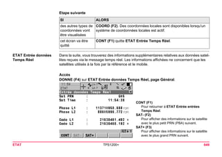 ETAT TPS1200+ 649 
Etape suivanteSI 
ALORS 
des autres types de coordonnées vont être visualisées 
COORD (F2). Des coordonnées locales sont disponibles lorsqu'un système de coordonnées locales est actif. 
cet écran va être quitté 
CONT (F1) quitte ETAT Entrée Temps Réel. 
ETAT Entrée données Temps Réel 
Dans la suite, vous trouverez des informations supplémentaires relatives aux données satellites reçues via le message temps réel. Les informations affichées ne concernent que les satellites utilisés à la fois par la référence et le mobile. 
Accès 
DONNE (F4) sur ETAT Entrée données Temps Réel, page Général. 
CONT (F1) 
Pour retourner à ETAT Entrée entrées Temps Réel. 
SAT- (F2) 
Pour afficher des informations sur le satellite avec le plus petit PRN (PBA) suivant. 
SAT+ (F3) 
Pour afficher des informations sur le satellite avec le plus grand PRN suivant.  