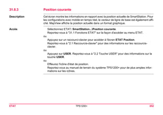 ETAT TPS1200+ 652 
31.8.3Position courante 
Description 
Cet écran montre les informations en rapport avec la position actuelle de SmartStation. Pour les configurations avec mobile en temps réel, le vecteur de ligne de base est également affiché. MapView affiche la position actuelle dans un format graphique. 
Accès 
Sélectionnez ETAT: SmartStation...Position courante. 
Reportez-vous à "31.1 Fonctions ETAT" sur la façon d'accéder au menu ETAT. 
ou 
Appuyez sur un raccourci-clavier pour accéder à l'écran ETAT Position. 
Reportez-vous à "2.1 Raccourcis-clavier" pour des informations sur les raccourcis- clavier. 
ou 
Appuyez sur USER. Reportez-vous à "2.2 Touche USER" pour des informations sur la touche USER. 
ou 
Effleurez l'icône d'état de position. 
Reportez-vous au manuel de terrain du système TPS1200+ pour de plus amples informations sur les icônes.  