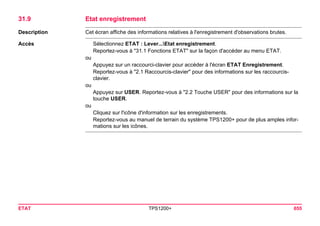 ETAT TPS1200+ 655 
31.9Etat enregistrement 
Description 
Cet écran affiche des informations relatives à l'enregistrement d'observations brutes. 
Accès 
Sélectionnez ETAT : Lever...Etat enregistrement. 
Reportez-vous à "31.1 Fonctions ETAT" sur la façon d'accéder au menu ETAT. 
ou 
Appuyez sur un raccourci-clavier pour accéder à l'écran ETAT Enregistrement. 
Reportez-vous à "2.1 Raccourcis-clavier" pour des informations sur les raccourcis- clavier. 
ou 
Appuyez sur USER. Reportez-vous à "2.2 Touche USER" pour des informations sur la touche USER. 
ou 
Cliquez sur l'icône d'information sur les enregistrements. 
Reportez-vous au manuel de terrain du système TPS1200+ pour de plus amples informations sur les icônes.  