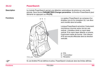 Fonctions TPS1200+ 668 
33.2.2PowerSearch 
Description 
Le module PowerSearch permet une détection automatique de prisme sur une courte période. Dans l'écran PARAMETRES Changer paramètres : la fonction PowerSearch peut démarrer en appuyant sur PS (F6). 
Fonctions 
abcTPS12_004 
Le capteur PowerSearch se compose d'un émetteur (a) et d'un récepteur (b). Les deux sont montés dans la lunette. 
Lorsque PowerSearch est activé, l'instrument commence à tourner autour de son axe vertical. L'émetteur émet un rayon laser vertical. Si le rayon laser détecte un prisme, l'instrument cesse de tourner. Une mesure ATR est ensuite effectuée dans la direction verticale. 
a)EGL 
b)Transmetteur 
c)Récepteur 
) 
Si une fenêtre PS est définie et active, PowerSearch s'exécute dans les limites définies.  