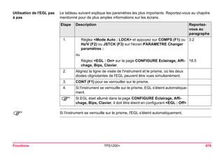 Fonctions TPS1200+ 676 
Utilisation de l'EGL pas à pas 
Le tableau suivant explique les paramètres les plus importants. Reportez-vous au chapitre mentionné pour de plus amples informations sur les écrans. Etape 
Description 
Reportez- vous au paragraphe 
1. 
Réglez <Mode Auto : LOCK> et appuyez sur COMPS (F1) ou Hz/V (F2) ou JSTCK (F3) sur l'écran PARAMETRE Changer paramètres : 
3.2 
ou 
Réglez <EGL : On> sur la page CONFIGURE Eclairage, Affichage, Bips, Clavier. 
18.5 
2. 
Alignez la ligne de visée de l'instrument et le prisme, où les deux diodes clignotantes de l'EGL peuvent être vues simultanément. 
3. 
CONT (F1) pour se verrouiller sur le prisme. 
4. 
Si l'instrument se verrouille sur le prisme, EGL s'éteint automatiquement. 
) 
Si EGL était allumé dans la page CONFIGURE Eclairage, Affichage, Bips, Clavier, il doit être éteint en configurant <EGL : Off>. 
) 
Si l'instrument se verrouille sur le prisme, l'EGL s'éteint automatiquement.  