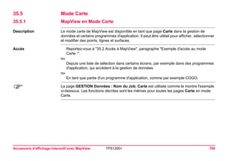 Accessoire d'affichage interactif avec MapView TPS1200+ 709 
35.5 Mode Carte 
35.5.1 MapView en Mode Carte 
Description Le mode carte de MapView est disponible en tant que page Carte dans la gestion de données et certains programmes d'application. Il peut être utilisé pour afficher, sélectionner 
et modifier des points, lignes et surfaces. 
Accès Reportez-vous à "35.2 Accès à MapView", paragraphe "Exemple d'accès au mode Carte :". 
ou 
Depuis une liste de sélection dans certains écrans, par exemple dans des programmes 
d'application, qui accèdent à la gestion de données. 
ou 
En tant que partie d'un programme d'application, comme par exemple COGO. 
) La page GESTION Données : Nom du Job, Carte est utilisée comme le montre l'exemple 
ci-dessous. Les fonctions décrites sont les mêmes pour toutes les pages Carte en mode 
Carte. 
 