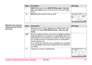 Accessoire d'affichage interactif avec MapView TPS1200+ 713 
Sélection d'un point en utilisant l'écran tactile pas à pas 
7. 
CONT (F1) retourne à la GESTION Données : Nom du Job, page Carte avec la mise au point sur le point sélectionné. 
8. 
OK (F2) quitte l'outil de mise au point. 
Etape Description Affichage 
Etape 
Description 
Affichage 
1. 
Reportez-vous à "35.5.1 MapView en Mode Carte" pour accéder à la page GESTION Données : Nom du Job, Carte. 
) 
Si aucun champ de point n'est mis en surbrillance dans la page précédente en accédant à la page Carte, alors tout point sélectionné sera attribué au premier champ de point sur la page suivante, le deuxième point sur le deuxième champ de point, etc. 
Si un champ de point est mis en surbrillance en accédant à la page Carte, alors le point sélectionné sera attribué à ce champ. 
2. 
Tapotez sur le point à sélectionner.  