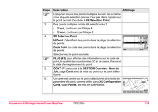 Accessoire d'affichage interactif avec MapView TPS1200+ 714 
) 
Lorsqu'on trouve des points multiples au sein de la même zone et que la sélection précise n'est pas claire, tapoter sur le point permet d'accéder à XX Sélection Point. 
3. 
Des points multiples ont-ils été sélectionnés ? 
•Si oui, continuez par l'étape 4. 
•Si non, continuez par l'étape 6. 
4. 
XX Sélection Point 
Id Point L'identifiant des points dans la plage de sélection de points. 
Code Point Le code des points dans la plage de sélection de points. 
Sélectionnez le point souhaité. 
) 
PLUS (F5) pour afficher des informations sur le code de point, la qualité des coordonnées 3D et la classe, l'heure et la date d'enregistrement du point. 
5. 
CONT (F1) retourne à la GESTION Données : Nom du Job, page Carte avec la mise au point sur le point sélectionné. 
6. 
Un carré est centré sur le point sélectionné et le texte de paramètre de point, comme défini dans XX Configuration Carte, page Points, est mis en surbrillance. 
Etape Description Affichage 
 