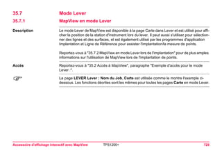 Accessoire d'affichage interactif avec MapView TPS1200+ 720 
35.7Mode Lever 
35.7.1MapView en mode Lever 
Description 
Le mode Lever de MapView est disponible à la page Carte dans Lever et est utilisé pour afficher la position de la station d'instrument lors du lever. Il peut aussi s'utiliser pour sélectionner des lignes et des surfaces, et est également utilisé par les programmes d'application Implantation et Ligne de Référence pour assister l'implantation/la mesure de points. 
Reportez-vous à "35.7.2 MapView en mode Lever lors de l'implantation" pour de plus amples informations sur l'utilisation de MapView lors de l'implantation de points. 
Accès 
Reportez-vous à "35.2 Accès à MapView", paragraphe "Exemple d'accès pour le mode Lever :". 
) 
La page LEVER Lever : Nom du Job, Carte est utilisée comme le montre l'exemple ci- dessous. Les fonctions décrites sont les mêmes pour toutes les pages Carte en mode Lever.  