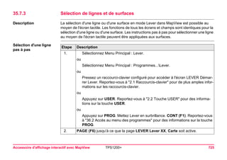 Accessoire d'affichage interactif avec MapView TPS1200+ 725 
35.7.3Sélection de lignes et de surfaces 
Description 
La sélection d'une ligne ou d'une surface en mode Lever dans MapView est possible au moyen de l'écran tactile. Les fonctions de tous les écrans et champs sont identiques pour la sélection d'une ligne ou d'une surface. Les instructions pas à pas pour sélectionner une ligne au moyen de l'écran tactile peuvent être appliquées aux surfaces. 
Sélection d'une ligne pas à pasEtape 
Description 
1. 
Sélectionnez Menu Principal : Lever. 
ou 
Sélectionnez Menu Principal : Programmes...Lever. 
ou 
Pressez un raccourci-clavier configuré pour accéder à l'écran LEVER Démarrer Lever. Reportez-vous à "2.1 Raccourcis-clavier" pour de plus amples informations sur les raccourcis-clavier. 
ou 
Appuyez sur USER. Reportez-vous à "2.2 Touche USER" pour des informations sur la touche USER. 
ou 
Appuyez sur PROG. Mettez Lever en surbrillance. CONT (F1). Reportez-vous à "36.2 Accès au menu des programmes" pour des informations sur la touche PROG. 
2. 
PAGE (F6) jusqu'à ce que la page LEVER Lever XX, Carte soit active.  