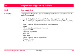 Programmes d'application - Général TPS1200+ 727 
36Programmes d'application - Général 
36.1Aperçu général 
Description 
Les programmes d'application sont des modules permettant l'exécution de tâches spécifiques. Sont disponibles : 
•Lever (est intégré dans le firmware de l'instrument et ne peut être supprimé) 
•Mise en Station (est intégré dans le firmware de l'instrument et ne peut être supprimé) 
•Saisie d'Axe Road Runner - reportez-vous au manuel séparé 
•COGO 
•Détermination du système de coordonnées 
•Implantation MNT 
•Export DXF, Import DXF 
•Levé GPS 
•Point Caché 
•MGuide - reportez-vous au manuel séparé 
•Ligne de référence 
•Plan de référence  
