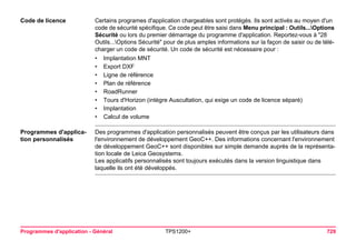 Programmes d'application - Général TPS1200+ 729 
Code de licence 
Certains programes d'application chargeables sont protégés. Ils sont activés au moyen d'un code de sécurité spécifique. Ce code peut être saisi dans Menu principal : Outils...Options Sécurité ou lors du premier démarrage du programme d'application. Reportez-vous à "28 Outils...Options Sécurité" pour de plus amples informations sur la façon de saisir ou de télécharger un code de sécurité. Un code de sécurité est nécessaire pour : 
•Implantation MNT 
•Export DXF 
•Ligne de référence 
•Plan de référence 
•RoadRunner 
•Tours d'Horizon (intègre Auscultation, qui exige un code de licence séparé) 
•Implantation 
•Calcul de volume 
Programmes d'application personnalisés 
Des programmes d'application personnalisés peuvent être conçus par les utilisateurs dans l'environnement de développement GeoC++. Des informations concernant l'environnement de développement GeoC++ sont disponibles sur simple demande auprès de la représentation locale de Leica Geosystems. 
Les applicatifs personnalisés sont toujours exécutés dans la version linguistique dans laquelle ils ont été développés.  