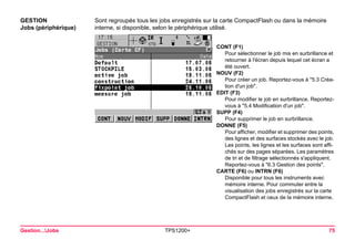 Gestion...Jobs TPS1200+ 75 
GESTION 
Jobs (périphérique) 
Sont regroupés tous les jobs enregistrés sur la carte CompactFlash ou dans la mémoire interne, si disponible, selon le périphérique utilisé. 
CONT (F1) 
Pour sélectionner le job mis en surbrillance et retourner à l'écran depuis lequel cet écran a été ouvert. 
NOUV (F2) 
Pour créer un job. Reportez-vous à "5.3 Création d'un job". 
EDIT (F3) 
Pour modifier le job en surbrillance. Reportez- vous à "5.4 Modification d'un job". 
SUPP (F4) 
Pour supprimer le job en surbrillance. 
DONNE (F5) 
Pour afficher, modifier et supprimer des points, des lignes et des surfaces stockés avec le job. Les points, les lignes et les surfaces sont affichés sur des pages séparées. Les paramètres de tri et de filtrage sélectionnés s'appliquent. Reportez-vous à "6.3 Gestion des points". 
CARTE (F6) ou INTRN (F6) 
Disponible pour tous les instruments avec mémoire interne. Pour commuter entre la visualisation des jobs enregistrés sur la carte CompactFlash et ceux de la mémoire interne.  