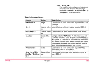 COGO TPS1200+ 774 
Description des champs 
SHIFT MODIF (F4) 
Pour modifier mathématiquement les valeurs de l'angle, de la distance et du décalage. Disponible si <Angle :>, <Dist Horiz XX :> ou <Décalage :> est en surbrillance. Champ 
Option 
Description 
<Méthode :> 
Angle 
La direction du point connu vers le point COGO est un angle. 
<De :> 
Liste de sélection 
L'identifiant du point connu pour le calcul COGO. 
<Pt Arrière :> 
Liste de sélection 
L'identifiant d'un point utilisé comme visée arrière. 
<Angle :> 
Saisie utilisateur 
L'angle entre le <Pt Arrière :> et le nouveau point COGO à calculer à partir du point sélectionné sous <Du point :>. Des valeurs positives sont attribuées aux angles orientés dans le sens horaire. Une valeur négative est attribuée aux angles orientés dans le sens contraire des aiguilles d'une montre. 
<Gisement :> 
Sortie 
La direction du point connu vers le point COGO calculée à partir de l'<Angle :>. 
<Dist Horiz / Dist Hori Ter / Dist Hori Ell :> 
Saisie utilisateur 
La distance horizontale entre le point connu et le point COGO.  