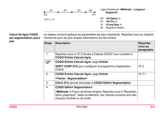 GPS12_145d1d1d1d2P0P1 
COGO TPS1200+ 811 
Calcul de ligne COGO par segmentation, pas à pas 
Le tableau suivant explique les paramètres les plus importants. Reportez-vous au chapitre mentionné pour de plus amples informations sur les écrans. 
Ligne divisée par <Méthode : Longueur Segment> 
P0<Pt Début :> 
P1<Pt Fin :> 
d1<Long Seg :> 
d2Segment restantEtape 
Description 
Reportez- vous au paragraphe 
1. 
Reportez-vous à "37.2 Accès à Calculs COGO" pour accéder à COGO Entrée Calculs ligne. 
) 
COGO Entrée Calculs ligne, page Entrée 
SHIFT CONF (F2) pour configurer le programme d'application COGO. 
37.3 
2. 
COGO Entrée Calculs ligne, page Entrée 
37.7.1 
<Tâche : Segmentation> 
3. 
CALC (F1) permet d'accéder à COGO Définir Segmentation. 
4. 
COGO Définir Segmentation 
<Méthode :> Façon de diviser la ligne. Reportez-vous à "Représentation graphique". Selon la sélection, les champs suivants sont des champs d'entrée ou de sortie.  