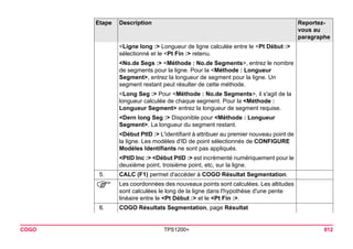 COGO TPS1200+ 812 
<Ligne long :> Longueur de ligne calculée entre le <Pt Début :> sélectionné et le <Pt Fin :> retenu. 
<No.de Segs :> <Méthode : No.de Segments>, entrez le nombre de segments pour la ligne. Pour la <Méthode : Longueur Segment>, entrez la longueur de segment pour la ligne. Un segment restant peut résulter de cette méthode. 
<Long Seg :> Pour <Méthode : No.de Segments>, il s'agit de la longueur calculée de chaque segment. Pour la <Méthode : Longueur Segment> entrez la longueur de segment requise. 
<Dern long Seg :> Disponible pour <Méthode : Longueur Segment>. La longueur du segment restant. 
<Début PtID :> L'identifiant à attribuer au premier nouveau point de la ligne. Les modèles d'ID de point sélectionnés de CONFIGURE Modèles Identifiants ne sont pas appliqués. 
<PtID Inc :> <Début PtID :> est incrémenté numériquement pour le deuxième point, troisième point, etc, sur la ligne. 
5. 
CALC (F1) permet d'accéder à COGO Résultat Segmentation. 
) 
Les coordonnées des nouveaux points sont calculées. Les altitudes sont calculées le long de la ligne dans l'hypothèse d'une pente linéaire entre le <Pt Début :> et le <Pt Fin :>. 
6. 
COGO Résultats Segmentation, page Résultat 
Etape Description Reportez-vous 
au 
paragraphe 
 