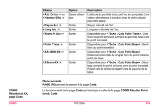 COGO TPS1200+ 819 
Etape suivante 
PAGE (F6) permet de passer à la page Code. 
COGO 
Résultat(s) XX, 
page Code 
La fonctionnalité de la page Code est identique à celle de la page COGO Résultat Point lancé, Code. 
<Alti. Ortho :> ou <Hauteur Ellip :> 
Saisie utilisateur 
L'altitude du point de début de l'arc est proposée. Une valeur altimétrique à stocker avec le point calculé peut être saisie. 
<Rayon Arc :> 
Sortie 
Rayon calculé de l'arc. 
<Long Arc :> 
Sortie 
Longueur calculée de l'arc. 
<Trans Pt Gst :> 
Sortie 
Disponible pour <Tâche : Calc Point Trans>. Gisement du point translaté, compté du point de base vers le point translaté. 
<Point Trans :> 
Sortie 
Disponible pour <Tâche : Calc Point Base>. Identifiant du point translaté. 
<ΔArcDist-XX :> 
Sortie 
Disponible pour <Tâche : Calc Point Base>. Distance horizontale le long de l'arc du point initial au point de base. 
<ΔTrans-XX :> 
Sortie 
Disponible pour <Tâche : Calc Point Base>. Décalage compté du point de base vers le point translaté. Positif vers la droite et négatif vers la gauche de la ligne. 
Champ Option Description 
 
