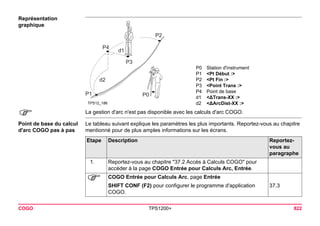COGO TPS1200+ 822 
Représentation graphique 
P0TPS12_186P1P2P4d2d1P3 
P0Station d'instrument 
P1<Pt Début :> 
P2<Pt Fin :> 
P3<Point Trans :> 
P4Point de base 
d1<ΔTrans-XX :> 
d2<ΔArcDist-XX :> 
) 
La gestion d'arc n'est pas disponible avec les calculs d'arc COGO. 
Point de base du calcul d'arc COGO pas à pas 
Le tableau suivant explique les paramètres les plus importants. Reportez-vous au chapitre mentionné pour de plus amples informations sur les écrans. Etape 
Description 
Reportez- vous au paragraphe 
1. 
Reportez-vous au chapitre "37.2 Accès à Calculs COGO" pour accéder à la page COGO Entrée pour Calculs Arc, Entrée. 
) 
COGO Entrée pour Calculs Arc, page Entrée 
SHIFT CONF (F2) pour configurer le programme d'application COGO. 
37.3  