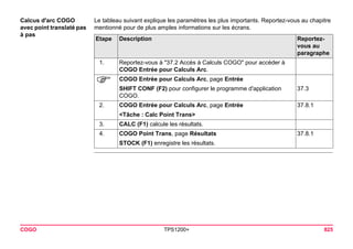 COGO TPS1200+ 825 
Calcus d'arc COGO avec point translaté pas à pas 
Le tableau suivant explique les paramètres les plus importants. Reportez-vous au chapitre mentionné pour de plus amples informations sur les écrans. Etape 
Description 
Reportez- vous au paragraphe 
1. 
Reportez-vous à "37.2 Accès à Calculs COGO" pour accéder à COGO Entrée pour Calculs Arc. 
) 
COGO Entrée pour Calculs Arc, page Entrée 
SHIFT CONF (F2) pour configurer le programme d'application COGO. 
37.3 
2. 
COGO Entrée pour Calculs Arc, page Entrée 
37.8.1 
<Tâche : Calc Point Trans> 
3. 
CALC (F1) calcule les résultats. 
4. 
COGO Point Trans, page Résultats 
37.8.1 
STOCK (F1) enregistre les résultats.  