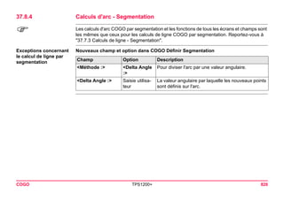 COGO TPS1200+ 826 
37.8.4Calculs d'arc - Segmentation 
) 
Les calculs d'arc COGO par segmentation et les fonctions de tous les écrans et champs sont les mêmes que ceux pour les calculs de ligne COGO par segmentation. Reportez-vous à "37.7.3 Calculs de ligne - Segmentation". 
Exceptions concernant le calcul de ligne par segmentation 
Nouveaux champ et option dans COGO Définir SegmentationChamp 
Option 
Description 
<Méthode :> 
<Delta Angle :> 
Pour diviser l'arc par une valeur angulaire. 
<Delta Angle :> 
Saisie utilisateur 
La valeur angulaire par laquelle les nouveaux points sont définis sur l'arc.  