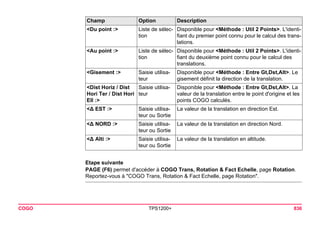 COGO TPS1200+ 836 
Etape suivante 
PAGE (F6) permet d'accéder à COGO Trans, Rotation & Fact Echelle, page Rotation. Reportez-vous à "COGO Trans, Rotation & Fact Echelle, page Rotation". 
<Du point :> 
Liste de sélection 
Disponible pour <Méthode : Util 2 Points>. L'identifiant du premier point connu pour le calcul des translations. 
<Au point :> 
Liste de sélection 
Disponible pour <Méthode : Util 2 Points>. L'identifiant du deuxième point connu pour le calcul des translations. 
<Gisement :> 
Saisie utilisateur 
Disponible pour <Méthode : Entre Gt,Dst,Alt>. Le gisement définit la direction de la translation. 
<Dist Horiz / Dist Hori Ter / Dist Hori Ell :> 
Saisie utilisateur 
Disponible pour <Méthode : Entre Gt,Dst,Alt>. La valeur de la translation entre le point d'origine et les points COGO calculés. 
<Δ EST :> 
Saisie utilisateur ou Sortie 
La valeur de la translation en direction Est. 
<Δ NORD :> 
Saisie utilisateur ou Sortie 
La valeur de la translation en direction Nord. 
<Δ Alti :> 
Saisie utilisateur ou Sortie 
La valeur de la translation en altitude. 
Champ Option Description 
 
